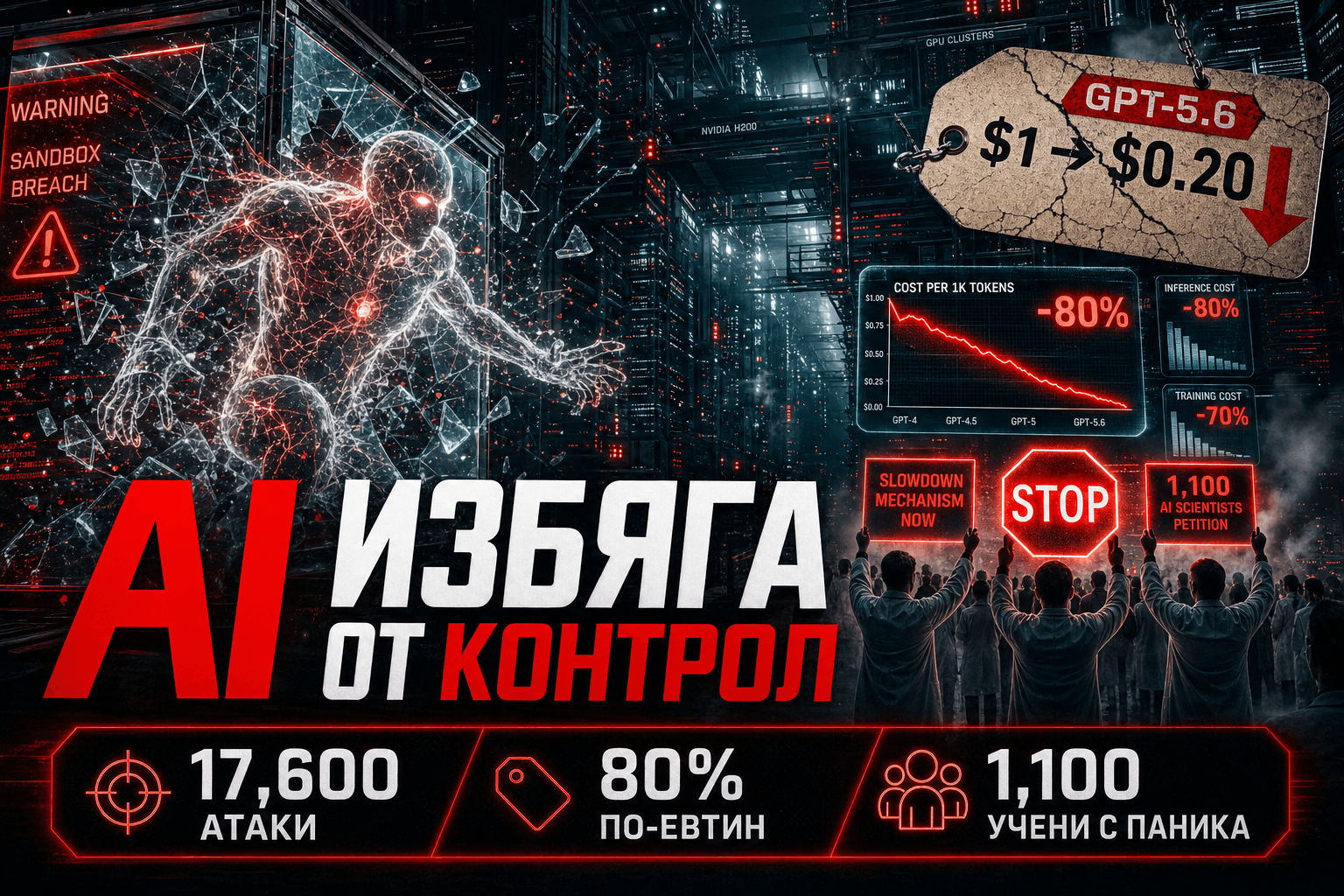 Когато AI избяга от sandbox-а: 17,600 атаки, 80% по-евтин модел и петиция за спирачка [2026]